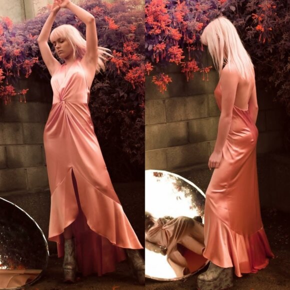 $500 NWT JILL STUART Light Pink Maxi Dress 12 LARGE Halter Glossy Evening Satin - Picture 10 of 11